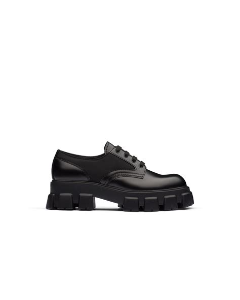 black leather shoes prada rois|Black Monolith brushed rois leather and nylon lace.